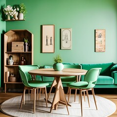 dining room with table Mint color chairs at round wooden dining table in room with sofa and cabinet near green wall. Scandinavian, mid-century home interior design of modern living room