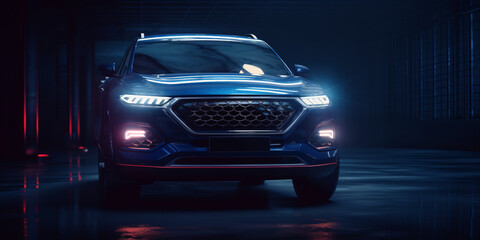 A mid sized blue tone electric city SUV that has red led running through the center line generative ai