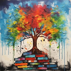 Impasto paint dripping tree leaves with a stack of books at its base , foundation and roots, educational concept.