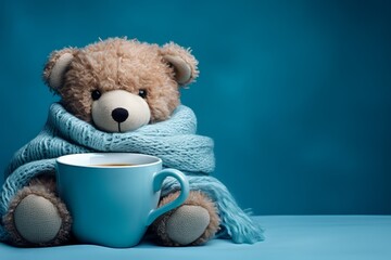 A teddy bear with a cup of coffee wearing a blue scarf