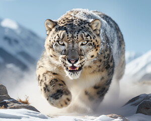 Obraz premium Frontal portrait view of snow leopard in mountainous snow terrain 