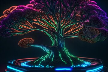 Close-up of a futuristic neon bonsai tree with intricate details.