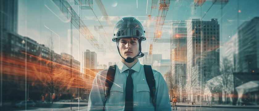 Double exposure: Engineer in uniform with cityscape