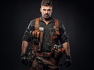 Closeup of mechanic man wearing leather belt with many tool and equipments on dark black background.