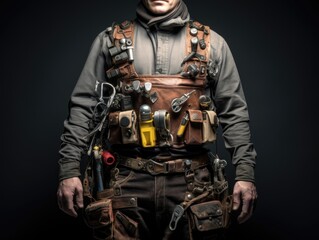Closeup of mechanic man wearing leather belt with many tool and equipments on dark black background.