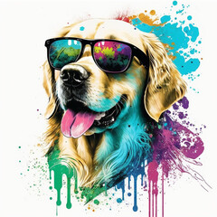 Happy Golden Retriever wearing sunglasses with colorful paint splatter