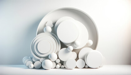 Abstract white geometric circles composition on white background. 3D Rendering. Modern minimal design. Generative ai.