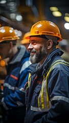 Fototapeta premium Helmet-wearing factory engineers.