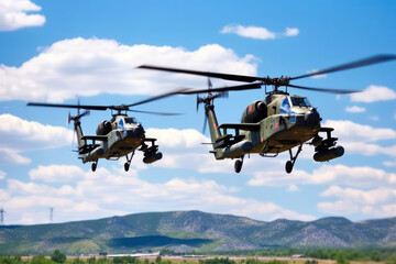 Fototapeta na wymiar War Machines in Flight, Combat Helicopters Against a Vivid Sky