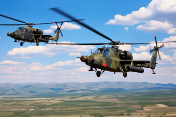 War Machines in Flight, Combat Helicopters Against a Vivid Sky