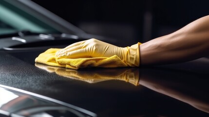 Close up hand of mechanic cleaning car engine with microfiber cloth. Auto detailing professional service. - obrazy, fototapety, plakaty