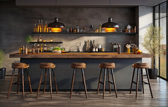 Interior of a contemporary kitchen featuring a bar with chairs, grey flooring, black and wooden walls and wooden counters .