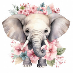 African Elephant baby animals with flower Illustration, Generative Ai