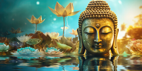 Glowing golden buddha and lotus flowers - obrazy, fototapety, plakaty