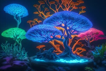 A bright bonsai tree surrounded by glowing fireflies in a mystical forest.