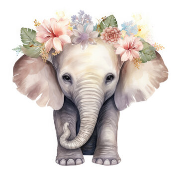 African Elephant baby animals with flower Illustration, Generative Ai © Creative Artist