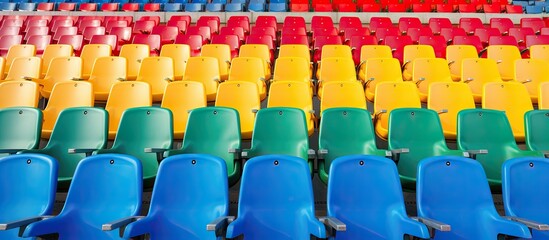 Fototapeta premium Spectacular sight of an unoccupied stadium showcasing vibrant seats in a soccer arena during a festive occasion The iron seats colored in shades of blue green red and yellow create a picture
