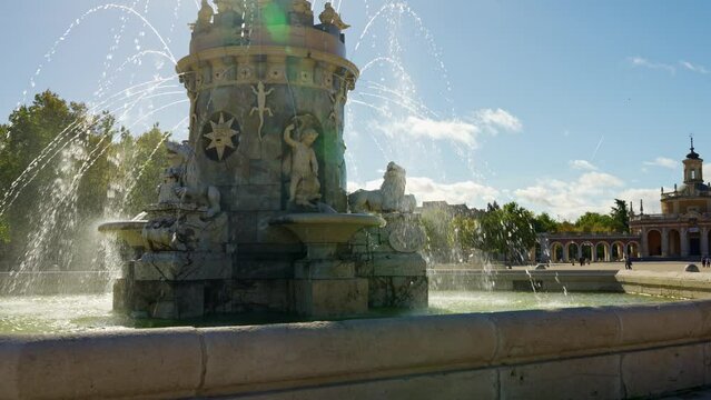 Impressive fountain in the main square of the tourist town of Aranjuez in Madrid.