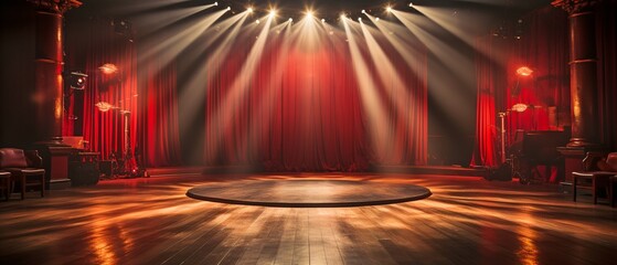 Mice, hardwood floor, and red theatre curtain with spotlight. - obrazy, fototapety, plakaty