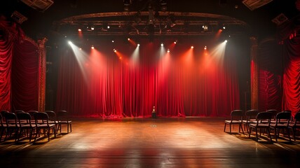 Mice, hardwood floor, and red theatre curtain with spotlight. - obrazy, fototapety, plakaty
