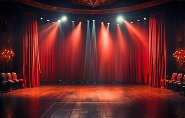 Mice, hardwood floor, and red theatre curtain with spotlight.