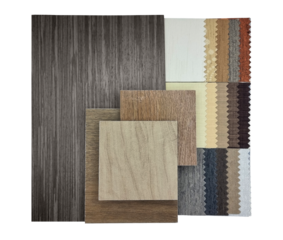 combination of interior material samples contain oak wooden ceramic flooring tiles, fabric catalog in luxury brown and grey color tone, walnut veneer isolated on background with clipping path.