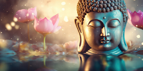 glowing golden buddha with lotuses flowers - obrazy, fototapety, plakaty