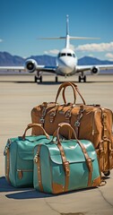 front of a private aeroplane are bags positioned on an airstrip..