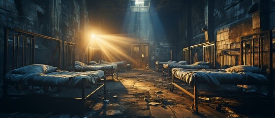 Sunlight enters the vacant prison cell through the window, lighting the bed. . - obrazy, fototapety, plakaty