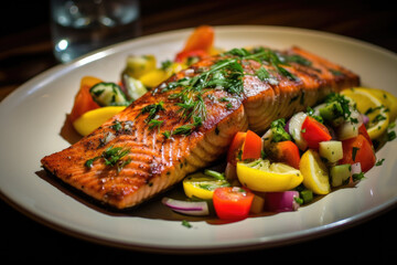 grilled salmon with colorful veggies and lemon herb sauce