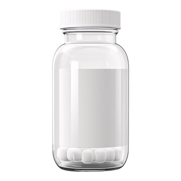 medicine capsules transparent container or bottle with label space isolated on a transparent background, prescription pills or tablet container packaging 3D label mockup PNG