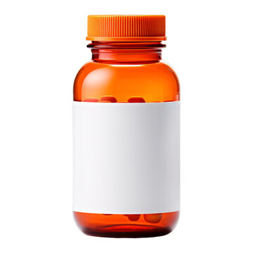medicine capsules bottle with label space isolated on a transparent background, prescription pills or tablet container packaging 3D label mockup PNG