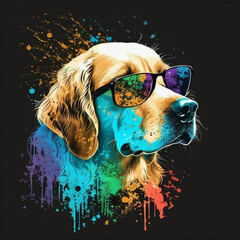 golden retriever dog wearing sunglasses shades with dark background and colorful paint splatter three quarters view