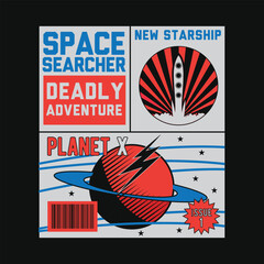 typographic vector illustration of vintage space and science fiction  theme . T shirt graphics.