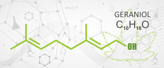 Geraniol chemical structure. Primary component of rose oil and citronella oil. Common additive in perfume and cosmetic industry as aroma substance. Skeletal formula. Cannabis terpene