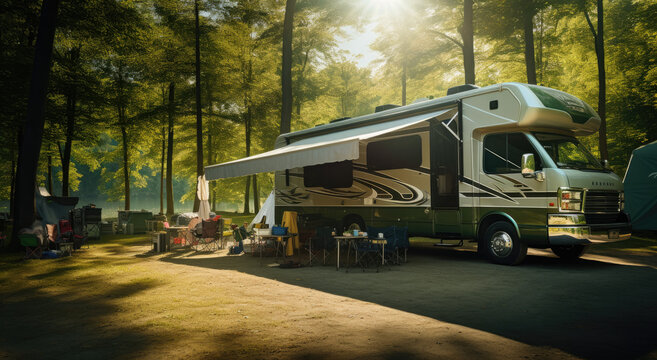 large rv in campground sitting in the sun