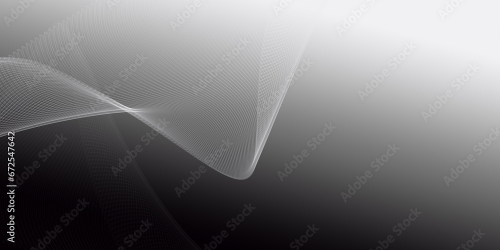 Poster gray and white abstract background with flowing particles.