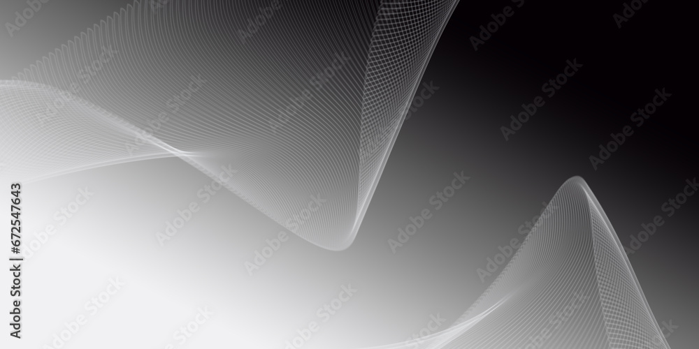 Poster gray and white abstract background with flowing particles.