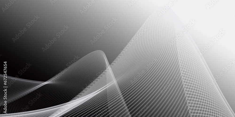 Poster gray and white abstract background with flowing particles.