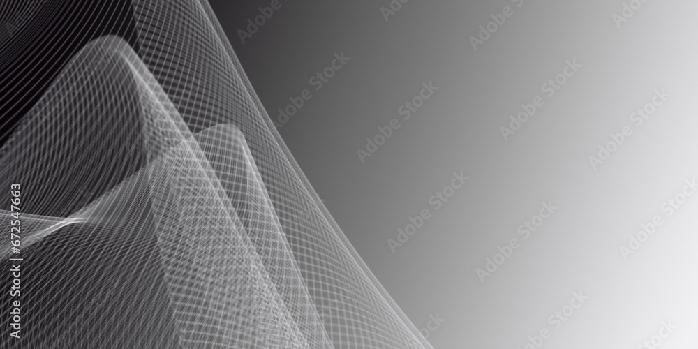 Poster gray and white abstract background with flowing particles.