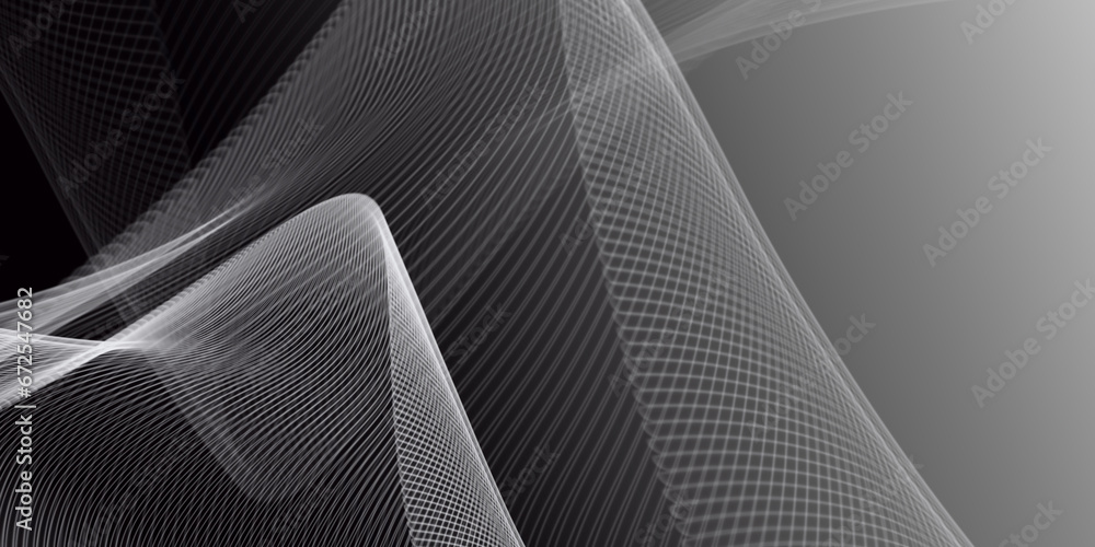 Poster gray and white abstract background with flowing particles.