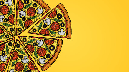 sliced cartoon pizza illustration isolated on yellow gradient background horizontal banner design template with text area copy space and place for text