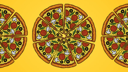 sliced cartoon pizza illustration isolated on yellow gradient background horizontal wallpapers