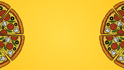 sliced cartoon pizza illustration isolated on yellow gradient background horizontal banner design template with text area copy space and place for text
