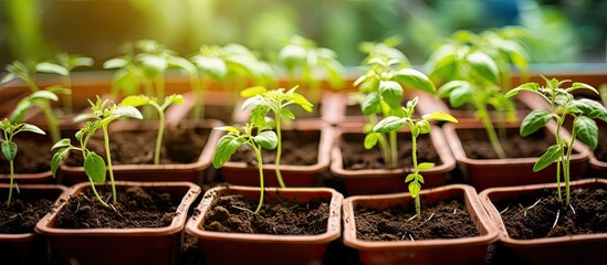 Selective focus closeup of potted tomato seedlings in the spring