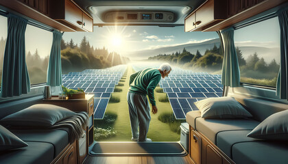 A scenic view from the window of a camper van, and solar cell, overlooking a vast lawn filled with neatly arranged solar panels, harnessing the power of the sun.