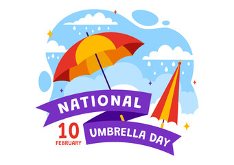 National Umbrella Day Vector Illustration on 10 February with Umbrellas at Rainy Weather or Monsoon Season in Flat Cartoon Background Design