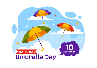 Naklejka premium National Umbrella Day Vector Illustration on 10 February with Umbrellas at Rainy Weather or Monsoon Season in Flat Cartoon Background Design