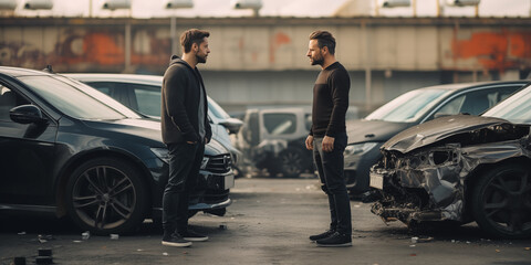 Two angry men arguing after a car fender-bender crash.Generative ai