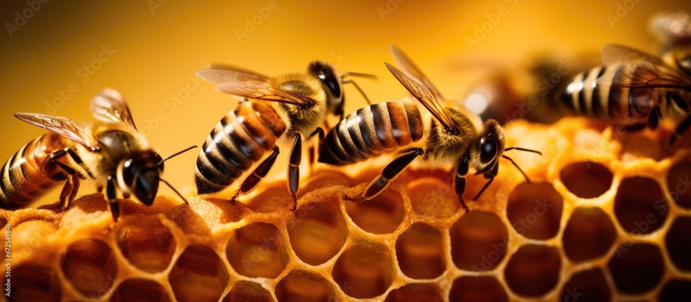 Aufkleber selective focus closeup of bees on honeycomb in an apiary with empty area for content
